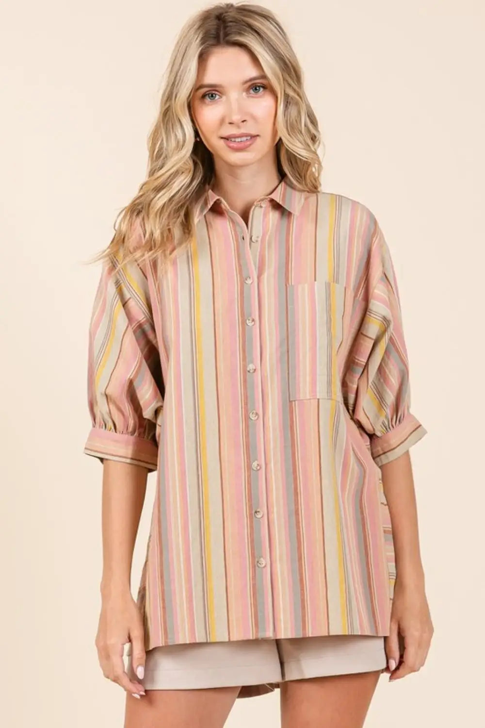 Striped Bubble Sleeve Button Down Shirt - Eclectage