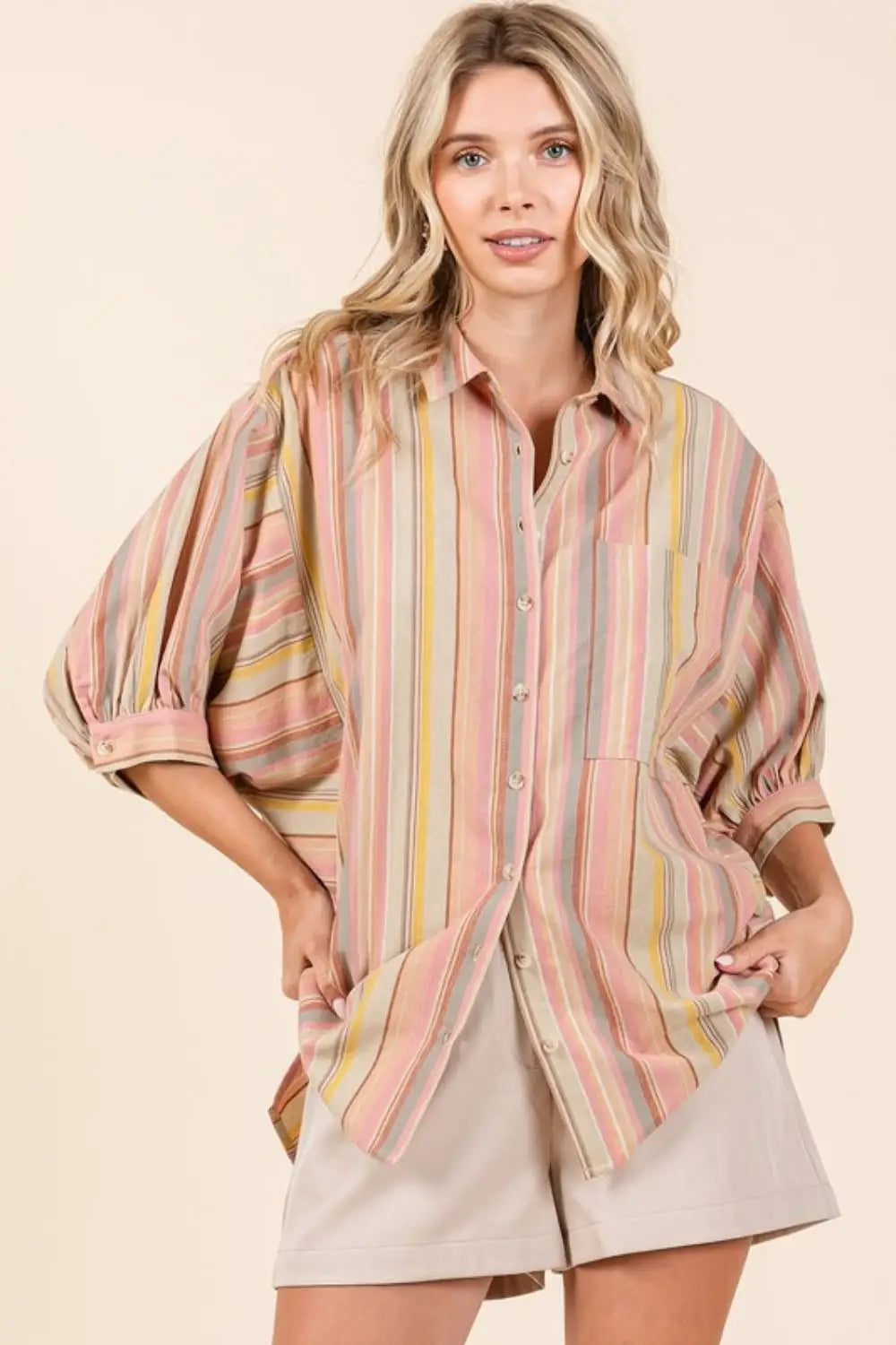 Striped Bubble Sleeve Button Down Shirt - Eclectage