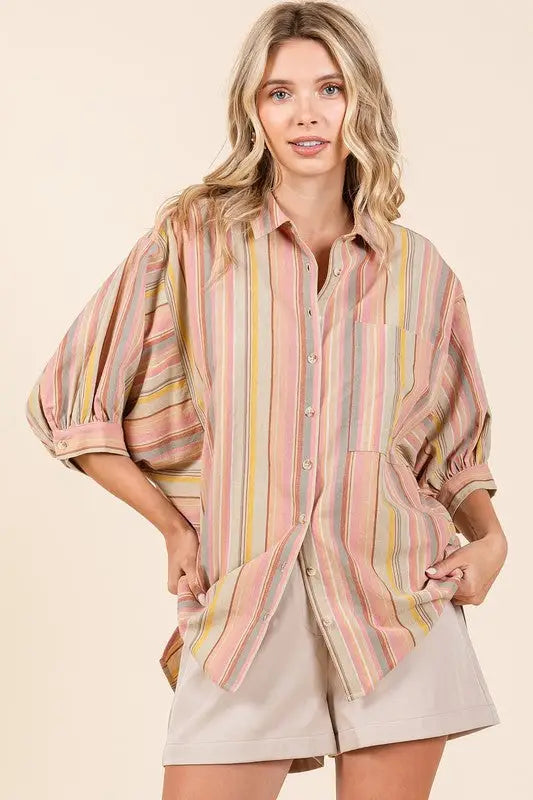 Striped Bubble Sleeve Button Down Shirt - Eclectage