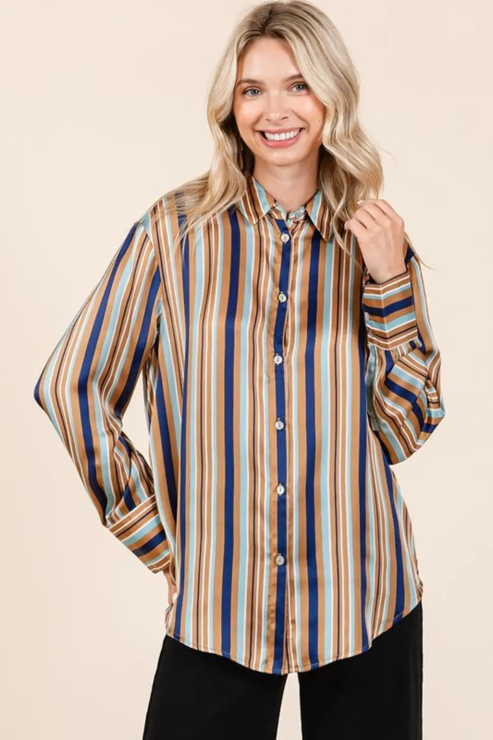 Striped Button Down Satin Shirt - Eclectage