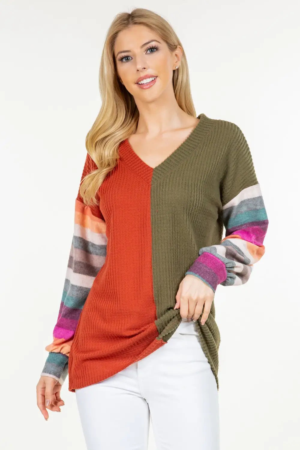Striped and Color Block Long Sleeve Top - Tops