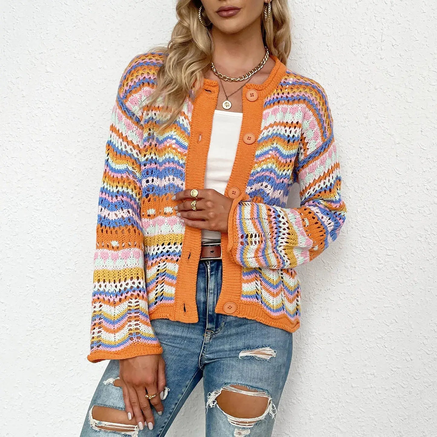 Striped Light Weight Cardigan with Buttons Orange / S Cardigans