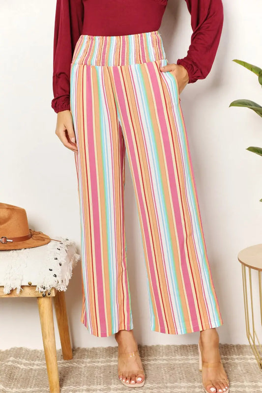 Striped Smocked Waist Pants - Pants