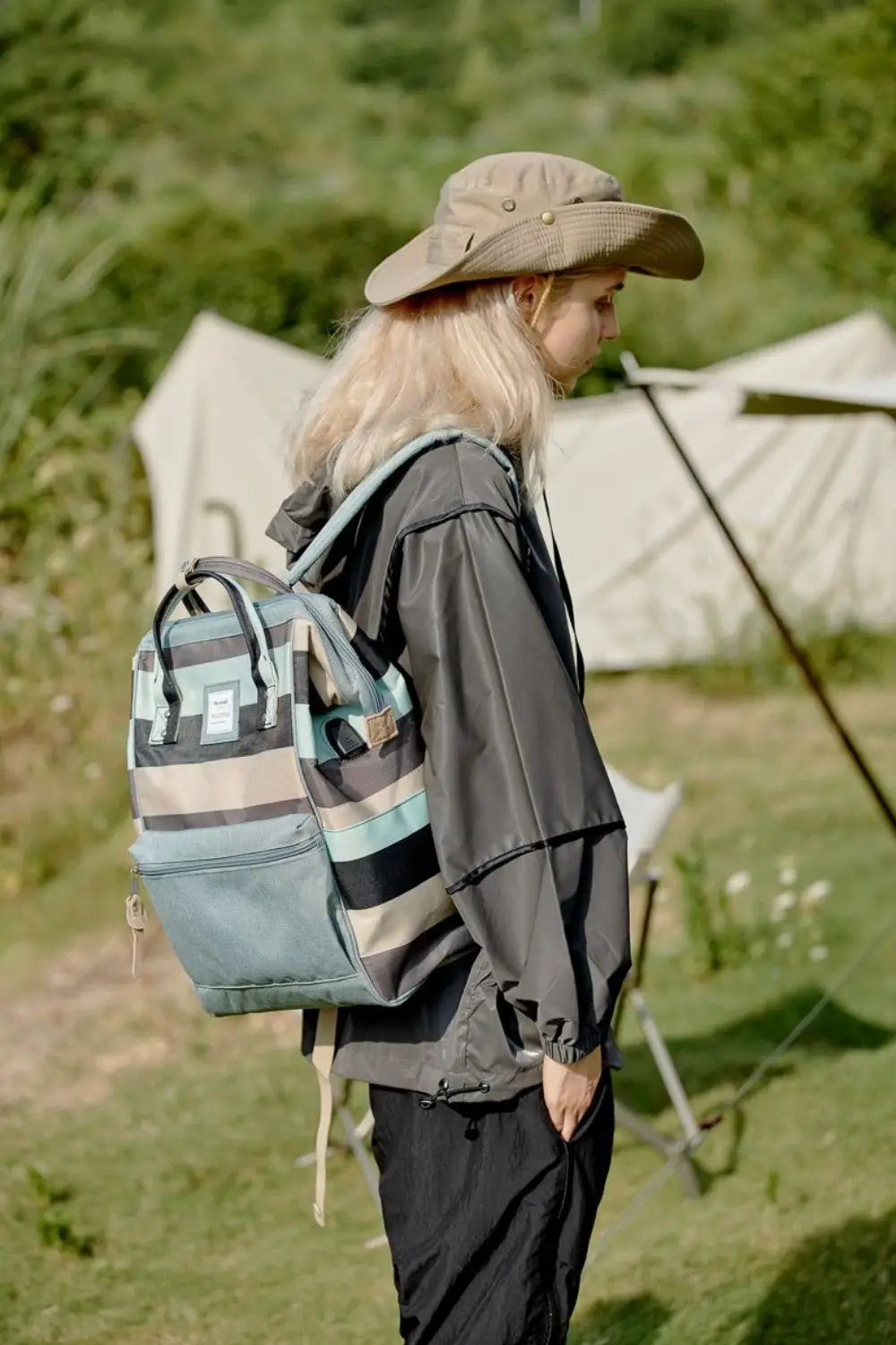 Striped Waterproof Nylon Backpack Bag - Backpacks