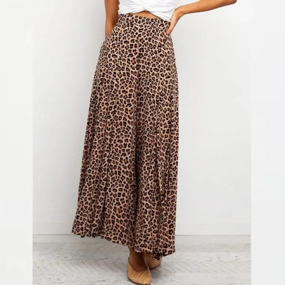 Summer Wide Leg Pants Women Bohemian Leopard Printed Dress Pants Casual Elastic Waist Long Flare Pantalon Loose Palazzo