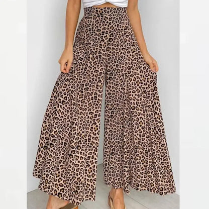 Summer Wide Leg Pants Women Bohemian Leopard Printed Dress Pants Casual Elastic Waist Long Flare Pantalon Loose Palazzo