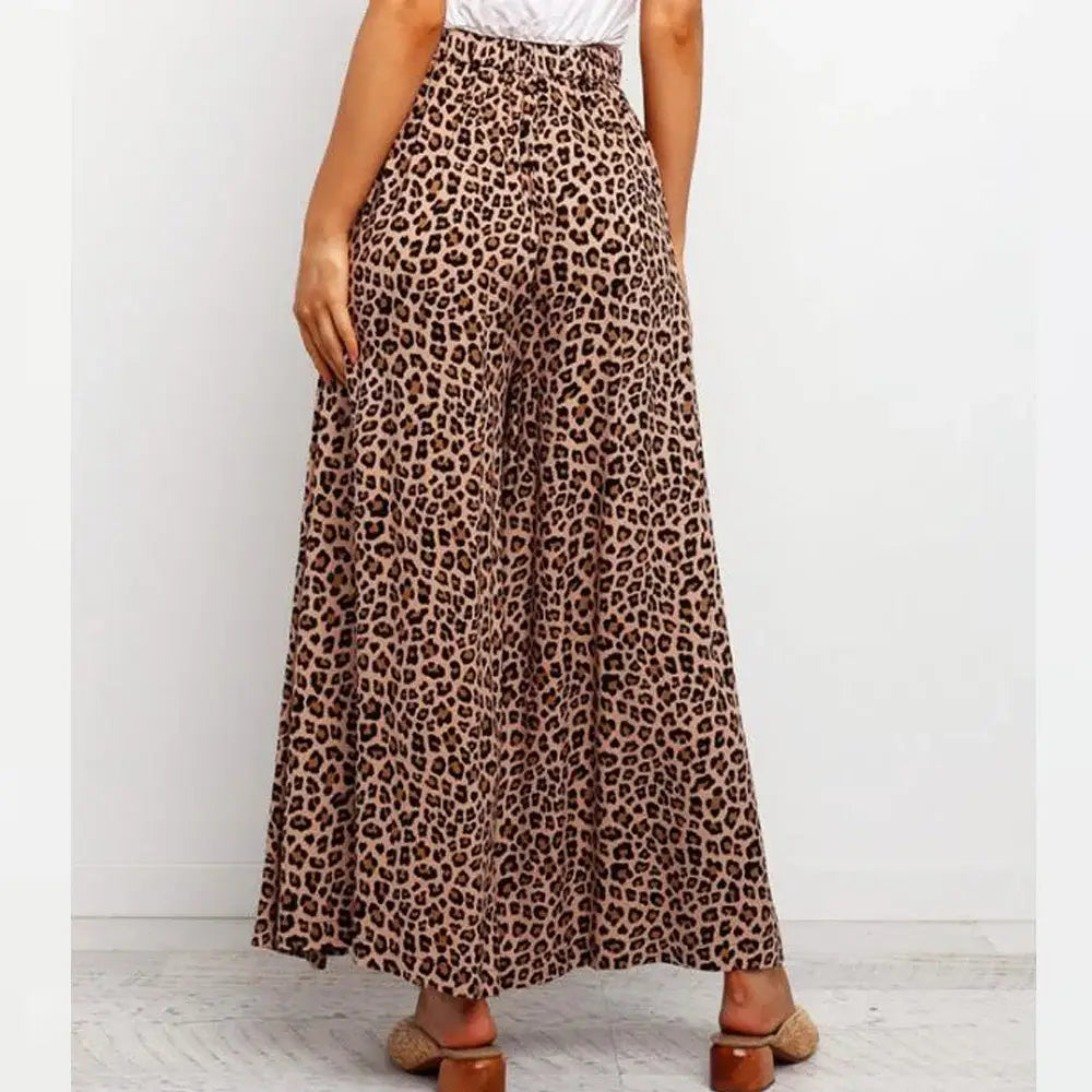 Summer Wide Leg Pants Women Bohemian Leopard Printed Dress Pants Casual Elastic Waist Long Flare Pantalon Loose Palazzo