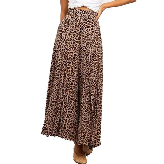 Summer Wide Leg Pants Women Bohemian Leopard Printed Dress Pants Casual Elastic Waist Long Flare Pantalon Loose Palazzo