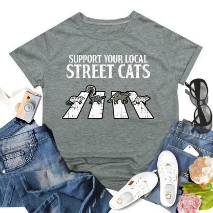 Support Your Local Street Cats T-shirts Funny Opossum Raccoon Graphic Women T Shirt Vintage Short Sleeve Crew Neck