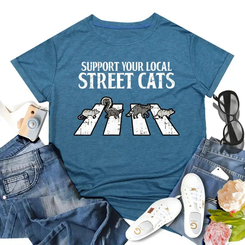 Support Your Local Street Cats T-shirts Funny Opossum Raccoon Graphic Women T Shirt Vintage Short Sleeve Crew Neck