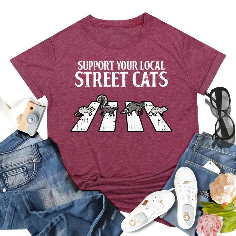 Support Your Local Street Cats T-shirts Funny Opossum Raccoon Graphic Women T Shirt Vintage Short Sleeve Crew Neck