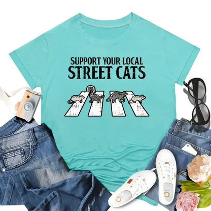 Support Your Local Street Cats T-shirts Funny Opossum Raccoon Graphic Women T Shirt Vintage Short Sleeve Crew Neck