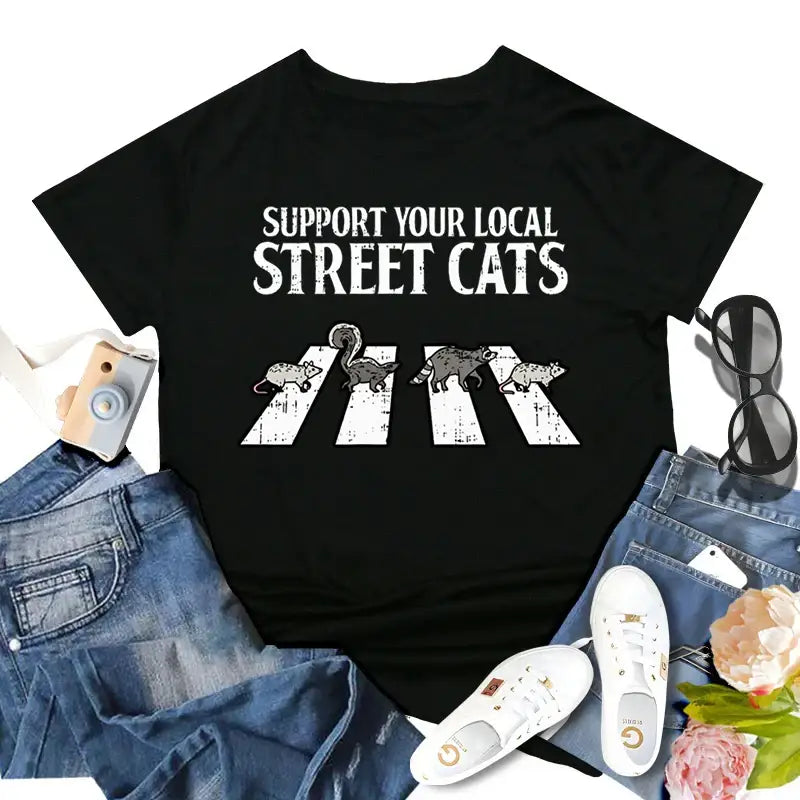 Support Your Local Street Cats T-shirts Funny Opossum Raccoon Graphic Women T Shirt Vintage Short Sleeve Crew Neck