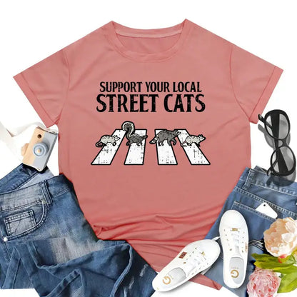 Support Your Local Street Cats T-shirts Funny Opossum Raccoon Graphic Women T Shirt Vintage Short Sleeve Crew Neck