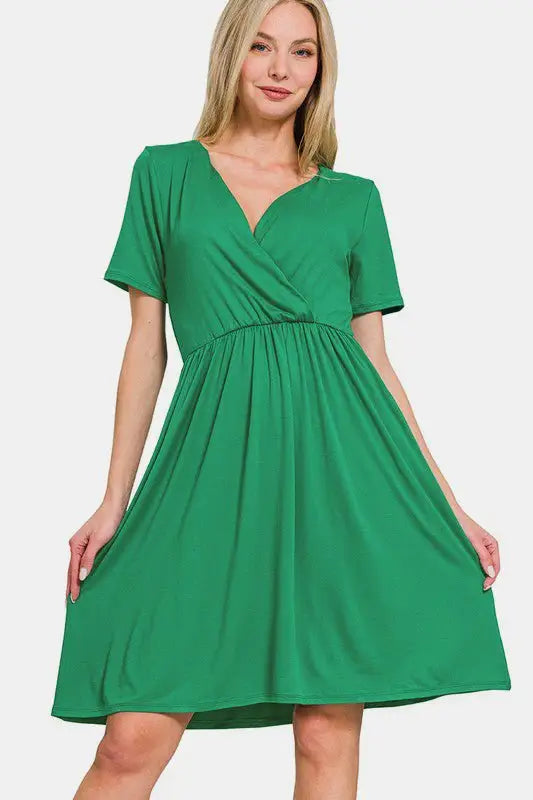 Surplice Short Sleeve Dress - Mini Dresses