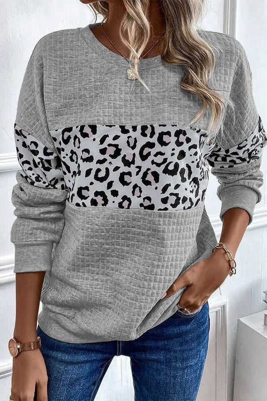 Gray Sweatshirt with Leopard Print Stripe - Eclectage