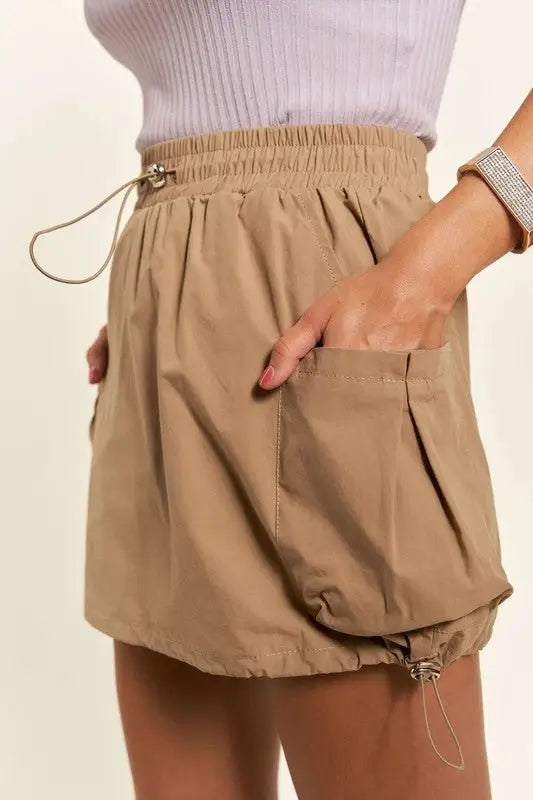 Tan Drawstring Skort with Pockets - Skorts