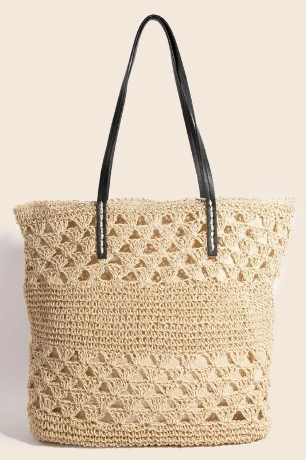 Tan Faux Leather Handle Knitted Tote Bag - Tote Bags