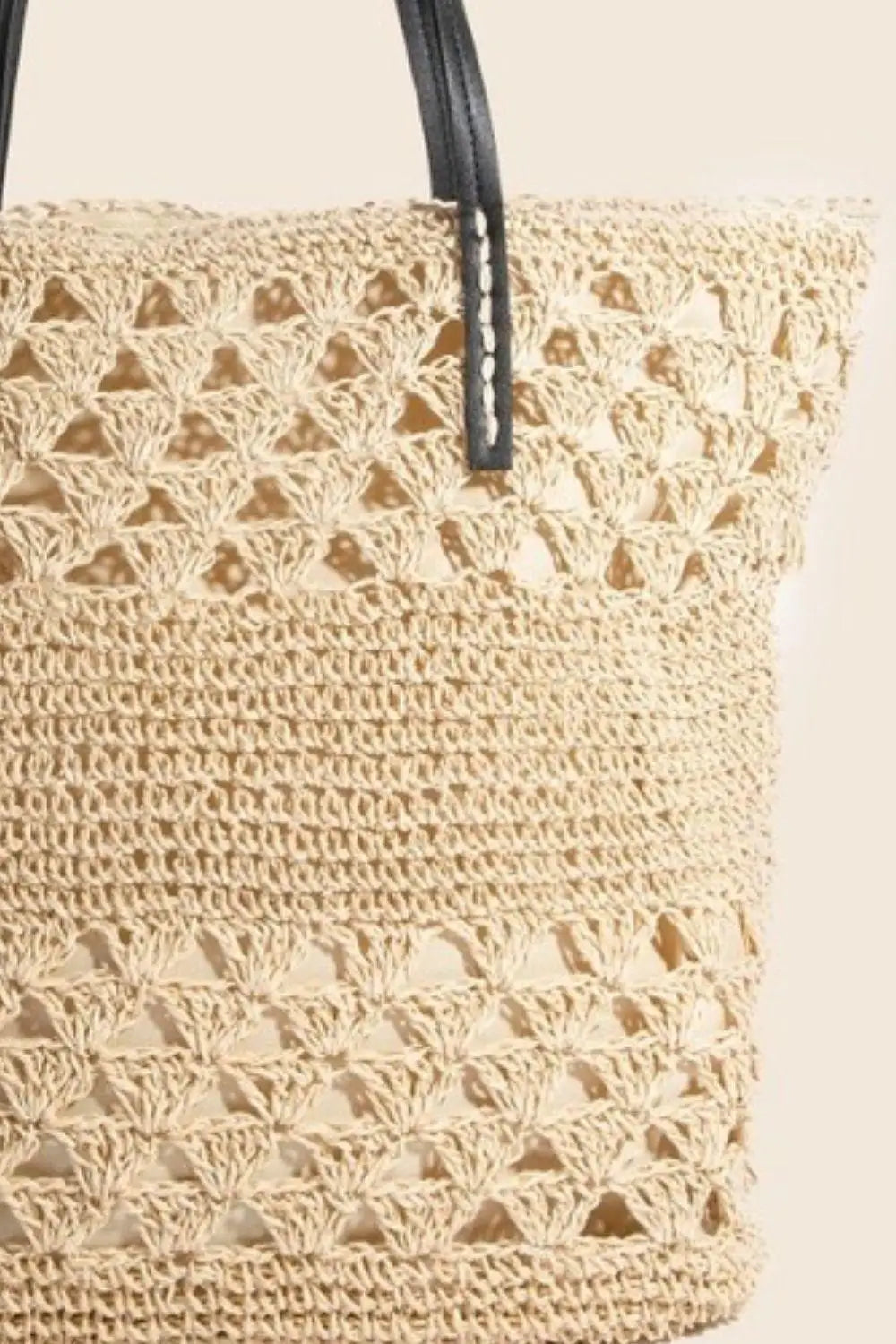 Tan Faux Leather Handle Knitted Tote Bag - Tote Bags