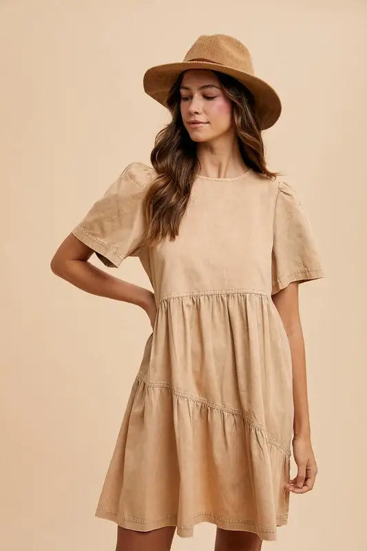 Tan Short Sleeve Denim Dress - Eclectage