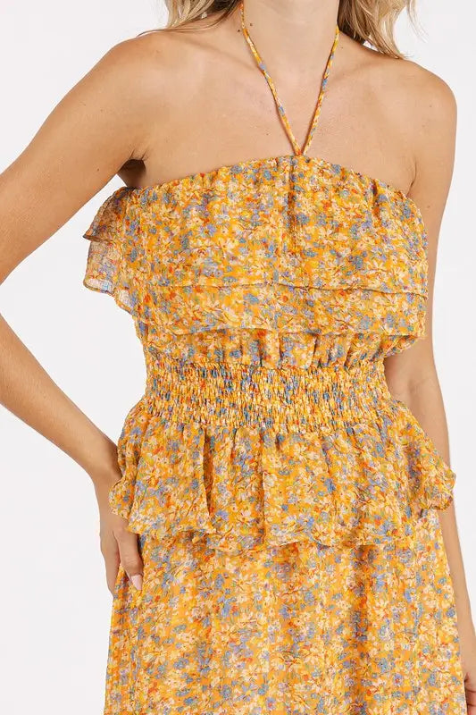 Mittoshop Ruffled Smocked Floral Halter Neck Maxi Dress - Eclectage