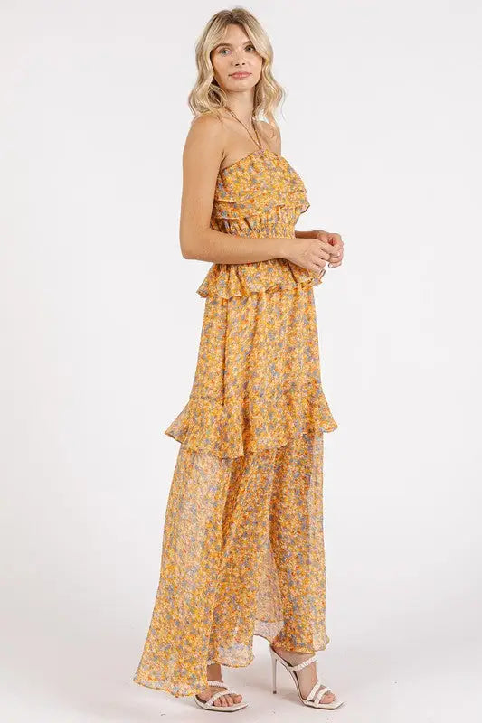 Mittoshop Ruffled Smocked Floral Halter Neck Maxi Dress - Eclectage