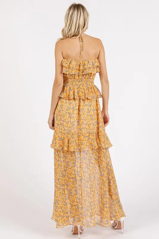 Mittoshop Ruffled Smocked Floral Halter Neck Maxi Dress - Eclectage