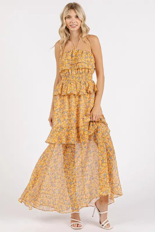 Mittoshop Ruffled Smocked Floral Halter Neck Maxi Dress - Eclectage