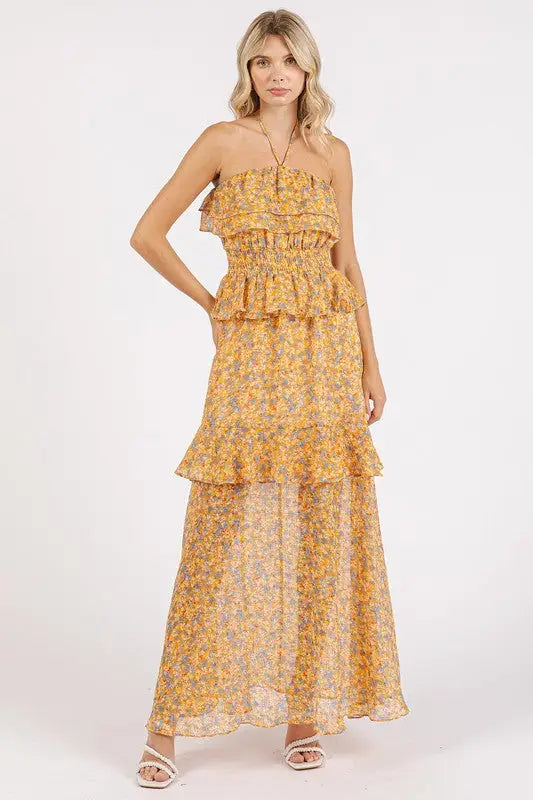 Mittoshop Ruffled Smocked Floral Halter Neck Maxi Dress - Eclectage