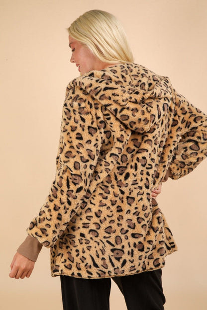 Taupe Fuzzy Leopard Long Sleeve Hooded Cardigan