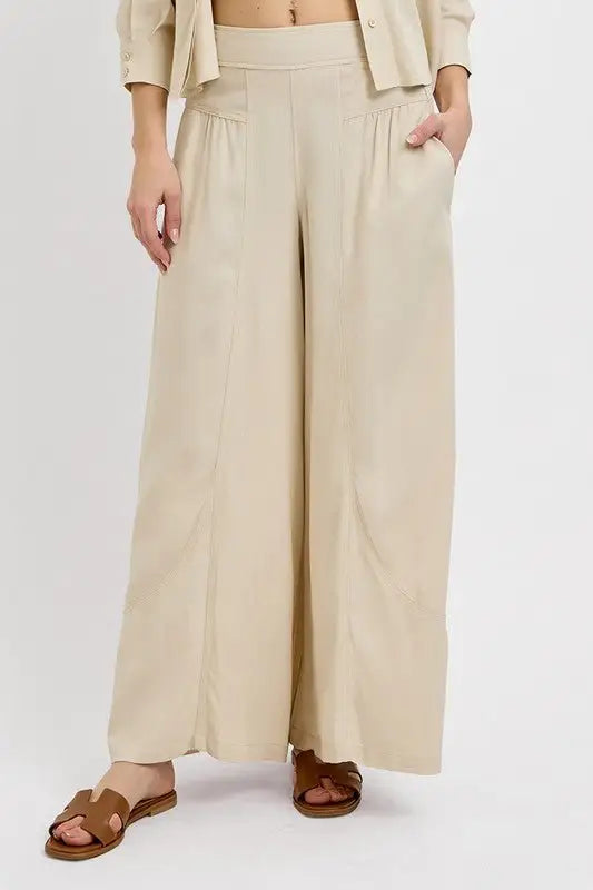 Taupe Shirring Detail Pants - Pants