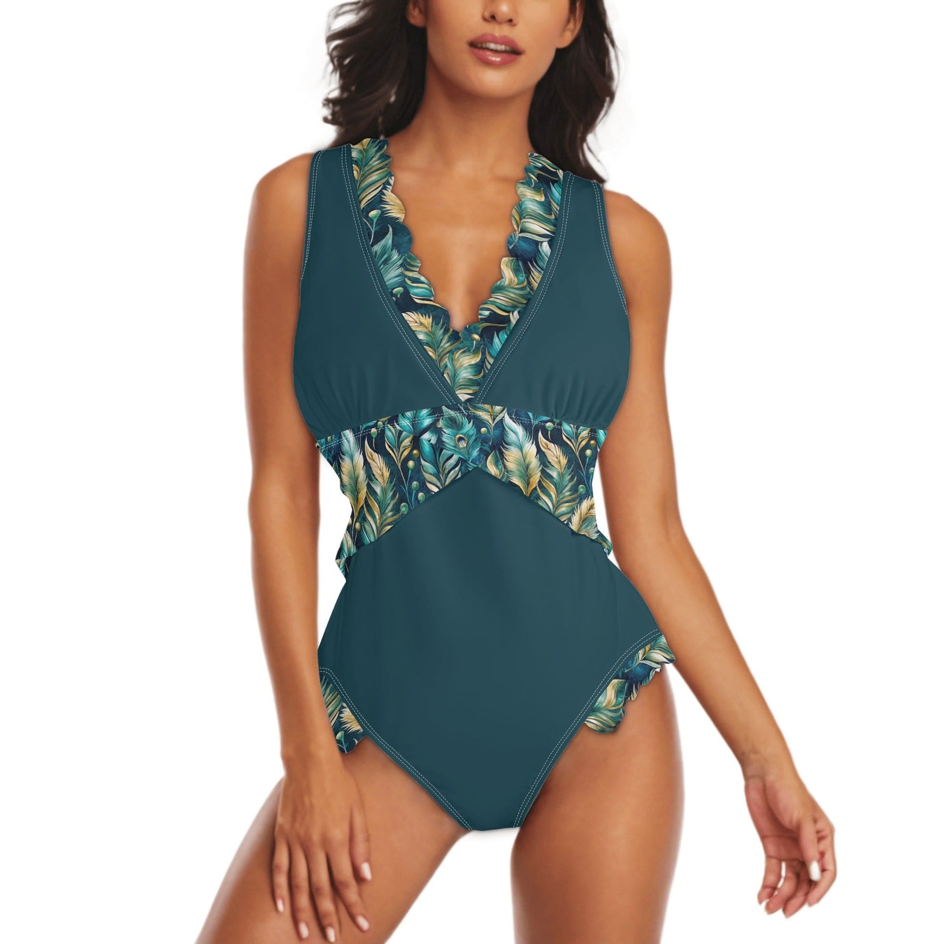 Teal and Peacock Ruffles One Piece Swimsuit