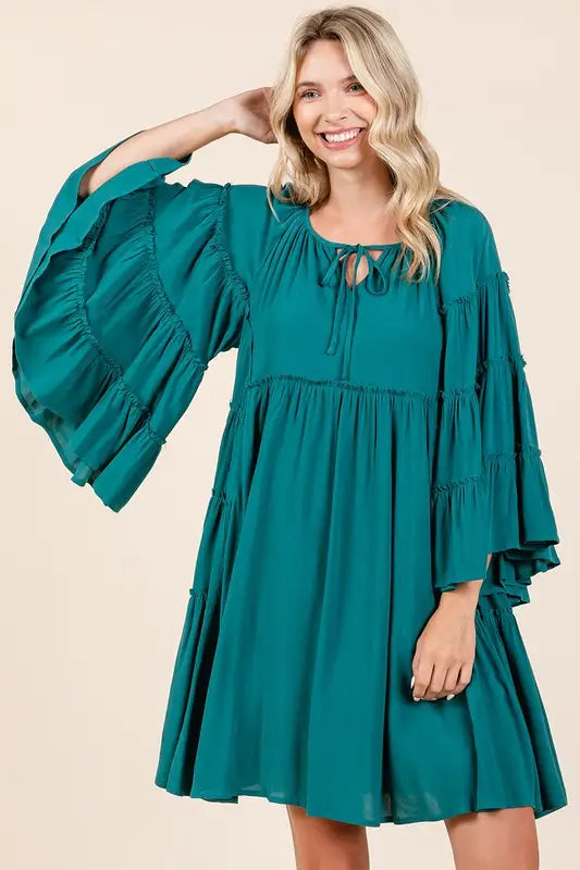 Mittoshop Frill Tie Neck Bell Sleeve Dress - Eclectage