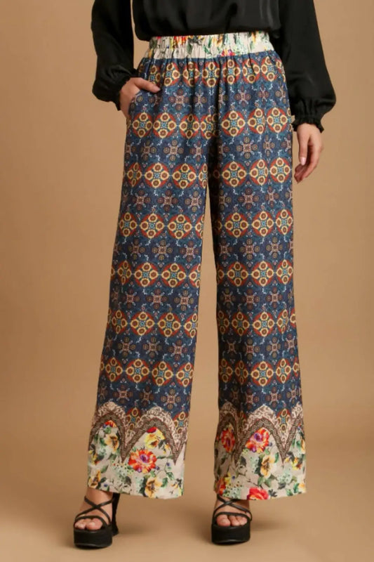 Teal Mixed Print Elastic Waistband Pants - Eclectage
