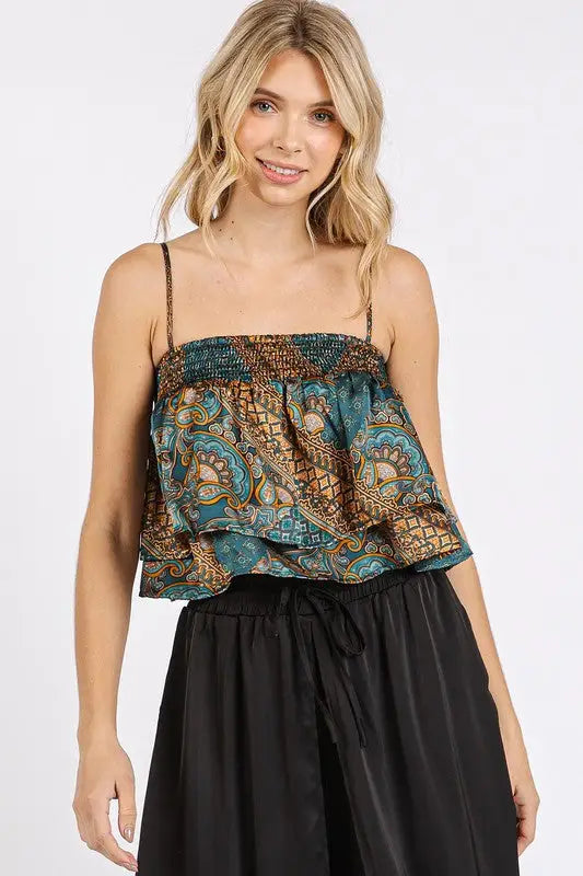 Mittoshop Paisley Patchwork Print Satin Ruffle Crop Cami - Eclectage