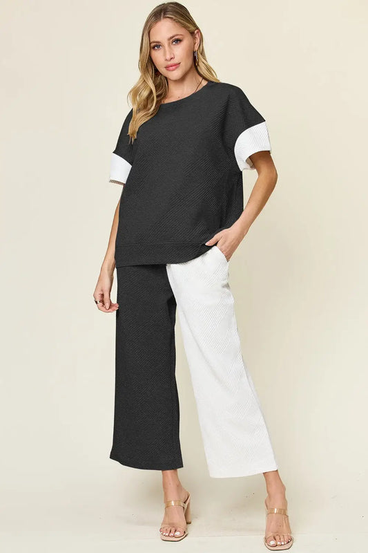 Texture Contrast T-Shirt and Wide Leg Pants Set - Pants Sets