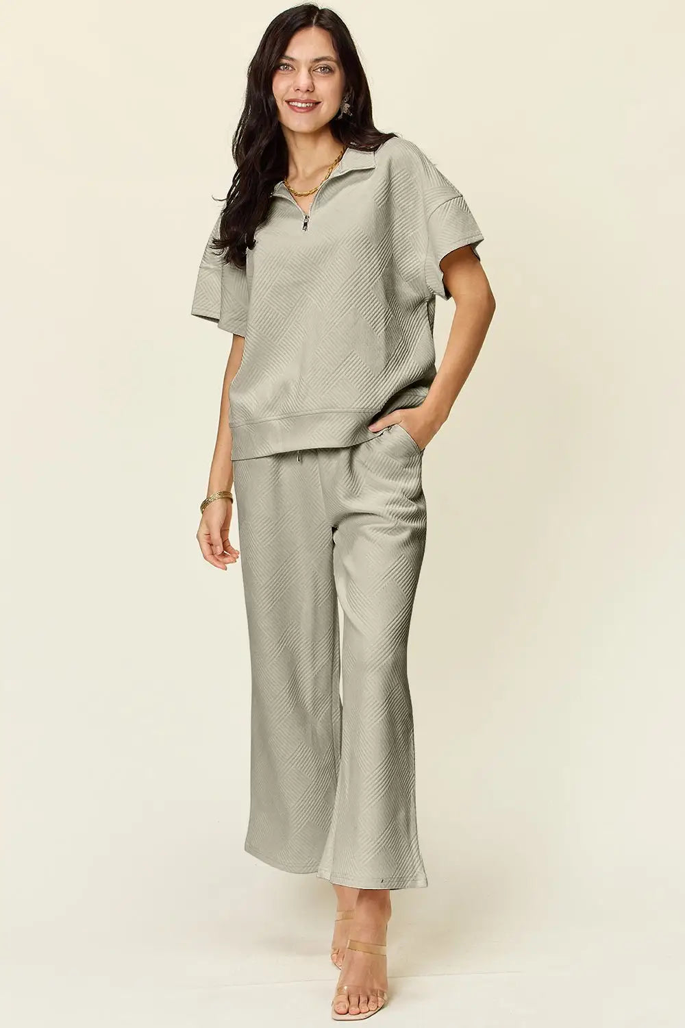 Texture Half Zip Top and Pants Set - Pants Sets