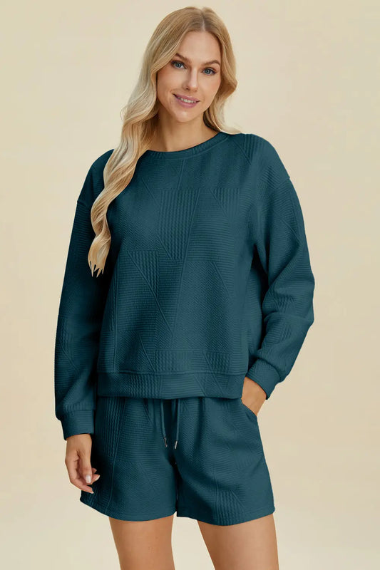 Texture Long Sleeve Top and Shorts Set - Eclectage
