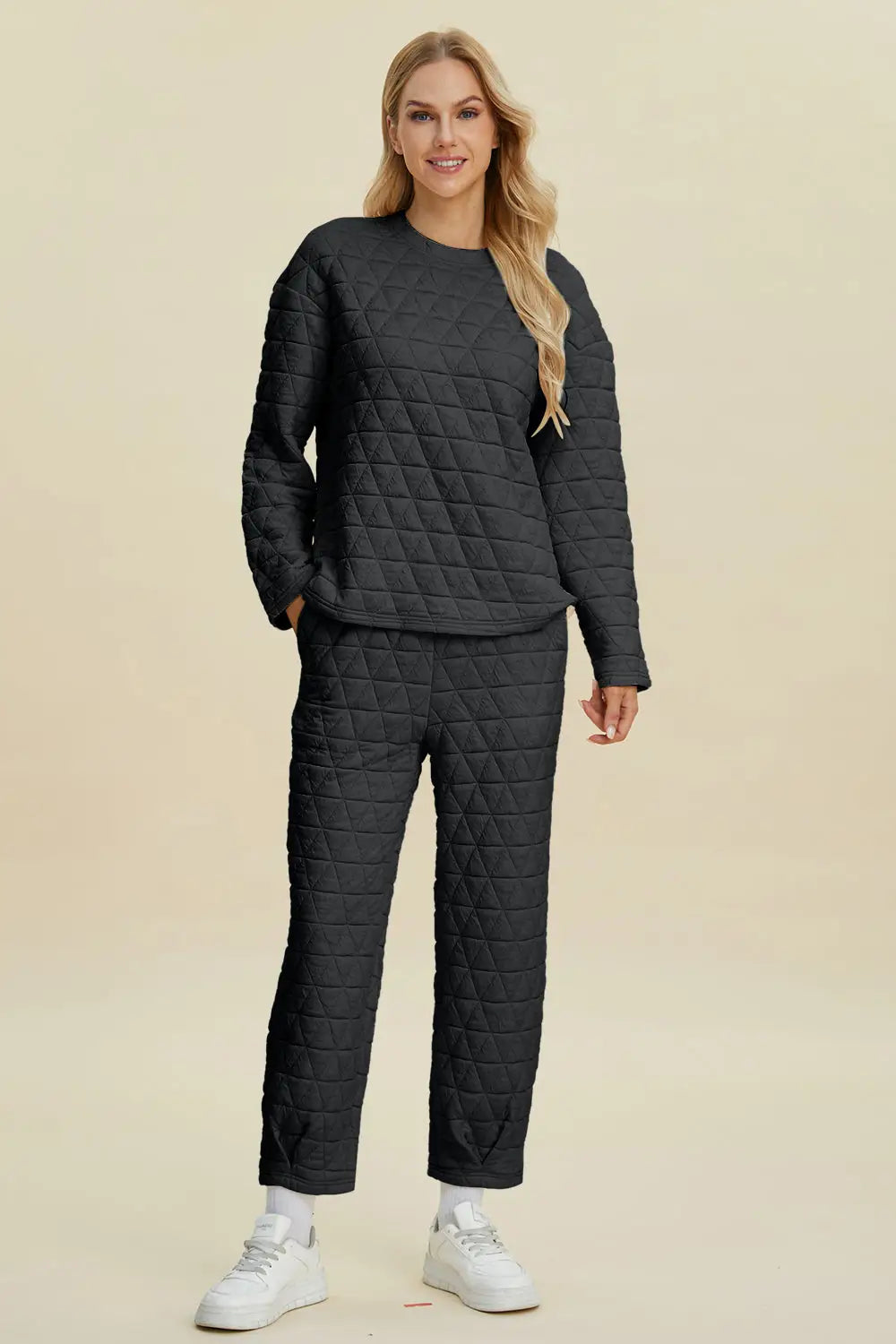Texture Round Neck Long Sleeve Top and Pants Set - Eclectage