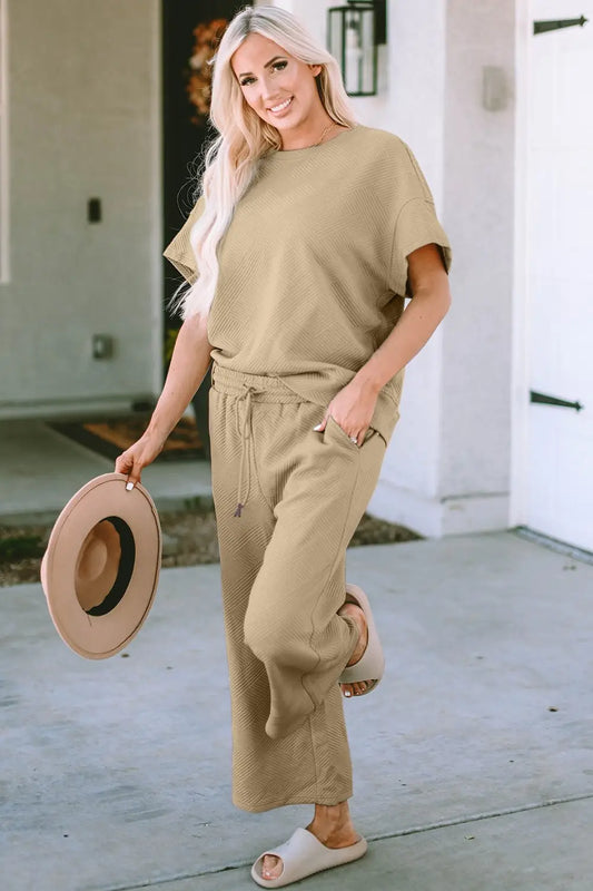 Texture Short Sleeve Top and Pants Set - Pants Sets