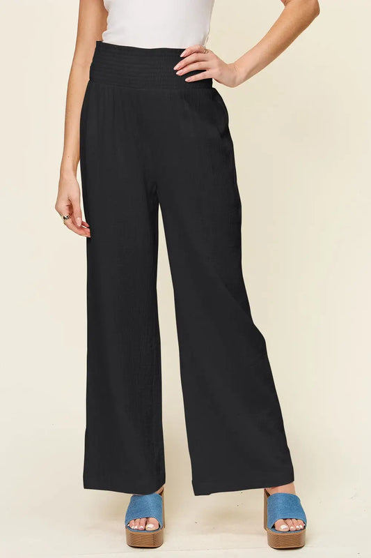 Texture Smocked Waist Wide Leg Pants - Pants