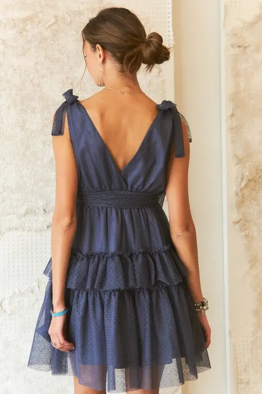 Tie Shoulder Polka Dot Mesh Dress - Eclectage