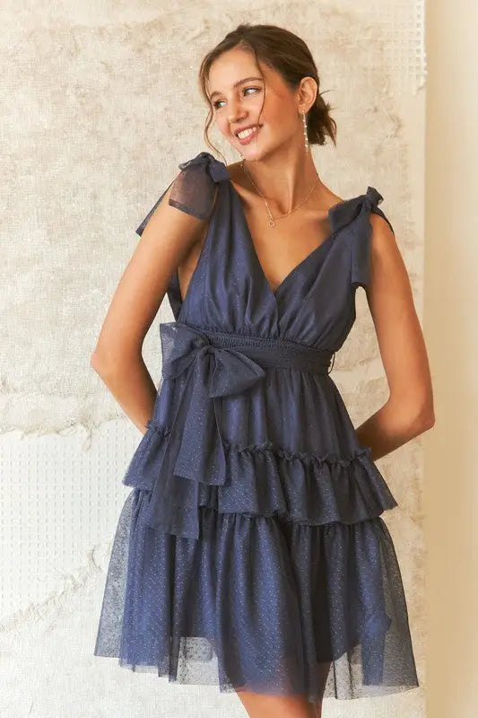 Tie Shoulder Polka Dot Mesh Dress - Eclectage