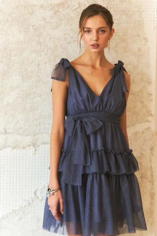 Tie Shoulder Polka Dot Mesh Dress - Eclectage