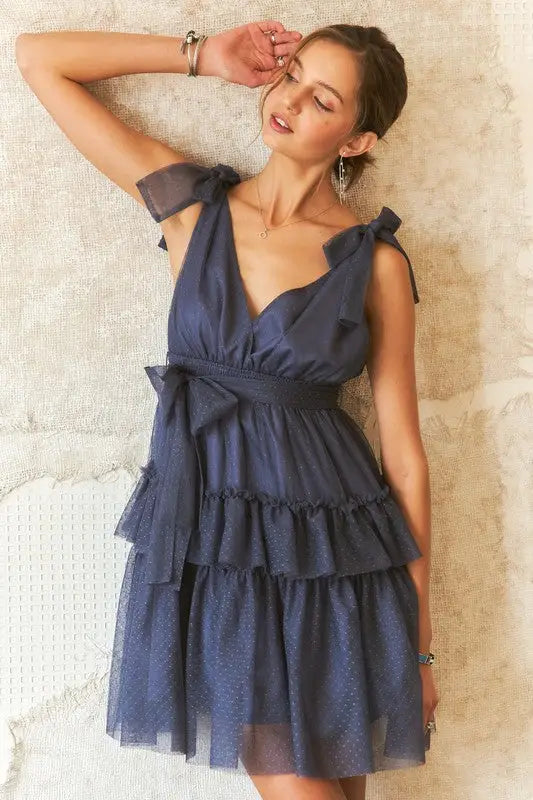 Tie Shoulder Polka Dot Mesh Dress - Eclectage