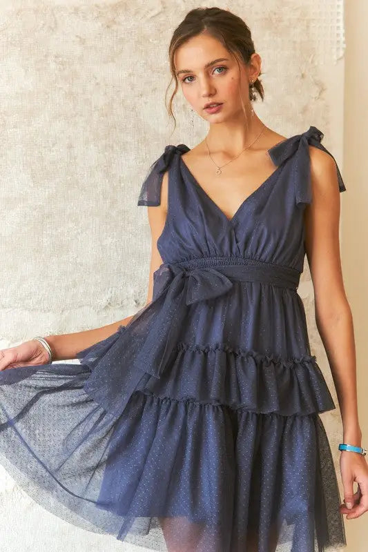 Tie Shoulder Polka Dot Mesh Dress - Eclectage