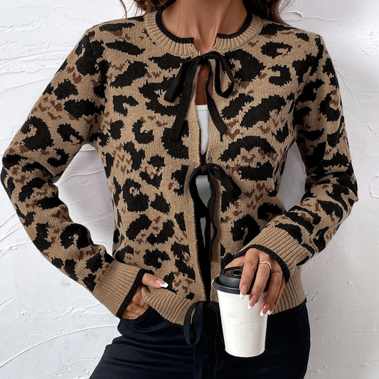 Tied Leopard Long Sleeve Cardigan