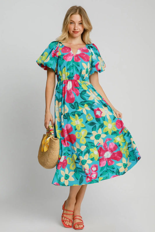Umgee Full Size Tiered Floral Print Notched Puff Sleeve Midi Dress Plus Size - Eclectage