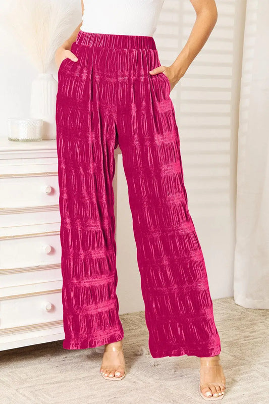 Tiered Velvet Wide Leg Hot Pink Pants - Pants