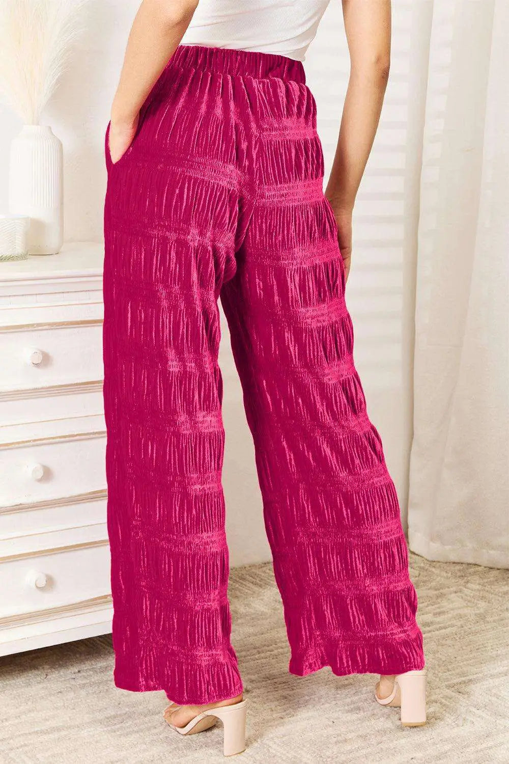 Tiered Velvet Wide Leg Hot Pink Pants - Pants